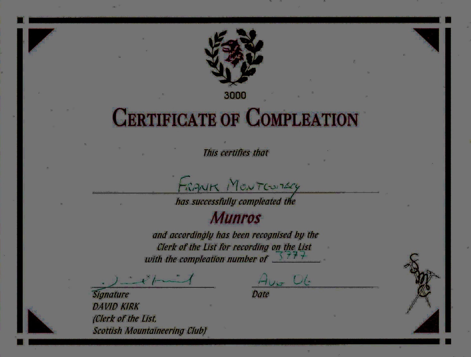 Munro Compleation Certificate